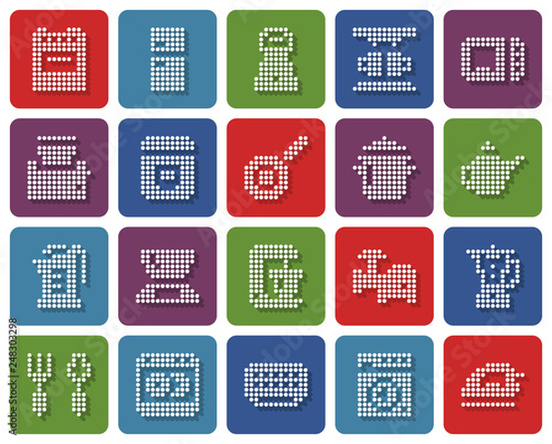Rounded square dotted icons set of some kitchen utensils and home appliances