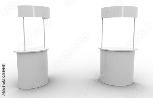 White blan exhibit promotional counter advertising POS POI PVC booth, Retail Trade Stand Isolated on the white background. Mock Up Template For Your Design