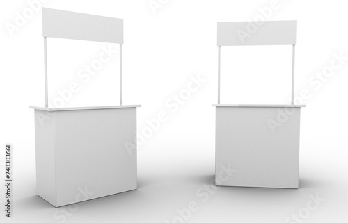 White blan exhibit promotional counter advertising POS POI PVC booth, Retail Trade Stand Isolated on the white background. Mock Up Template For Your Design