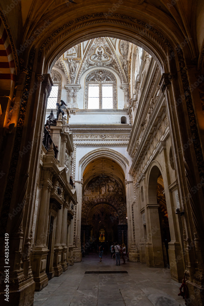 Oct 2018 - Cordoba, Spain - The interiors of Mezquita, Catedral de Cordoba, a former Moorish Mosque that is now the Cathedral of Cordoba. Mezquita is a UNESCO World Heritage Site.