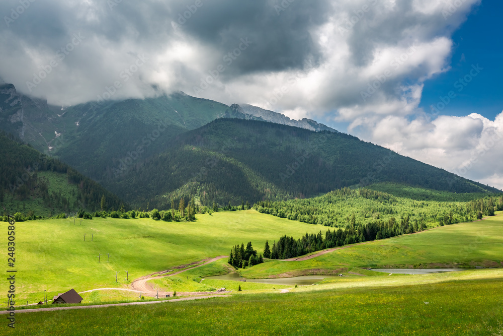 Green valley and cloudy Tatra Mountains in Slovakia