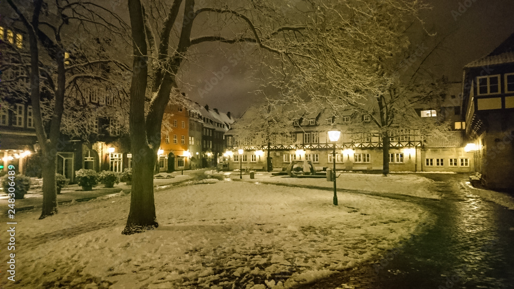The old city of Hanover in Germany covered in snow in the night