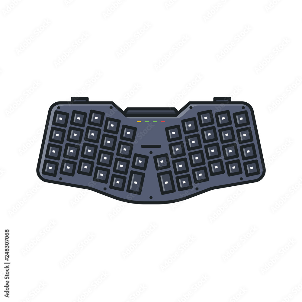 Modern ergonomic keyboard. Custom small portable keyboard with angled key rows for natural hand typing. Keypad and desktop or notebook usb ergo keyboard. Layered and programmable key. Modern ergonomic keyboard. Custom small portable keyboard with angled key rows for natural hand typing. Keypad and desktop or notebook usb ergo keyboard. Layered and programmable key.
