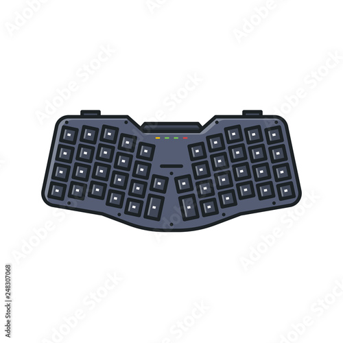 Modern ergonomic keyboard. Custom small portable keyboard with angled key rows for natural hand typing. Keypad and desktop or notebook usb ergo keyboard. Layered and programmable key.