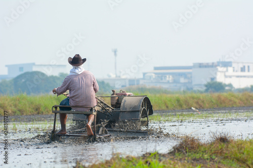 Thai farmer driving tiller tractor to plow paddy field prepare new rice with industrial factory background.