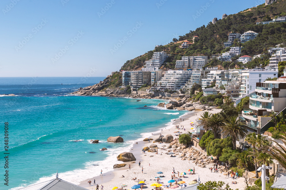 Fototapeta premium Clifton beach view and coastline buildings in Cape Town, South Africa