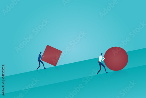 Vector of a business man pushing a sphere leading the race against a businessman pushing a box