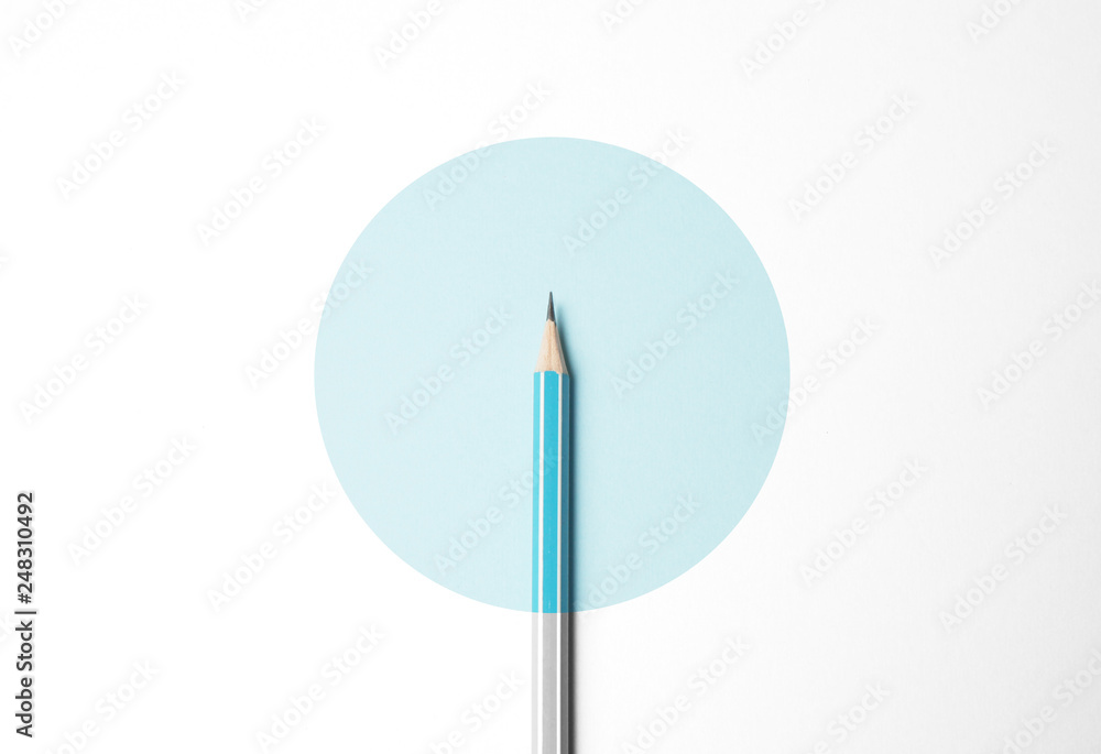 Blue pencil on white background, minimalism. Creativity, idea, solution, creativity concept. - obrazy, fototapety, plakaty 