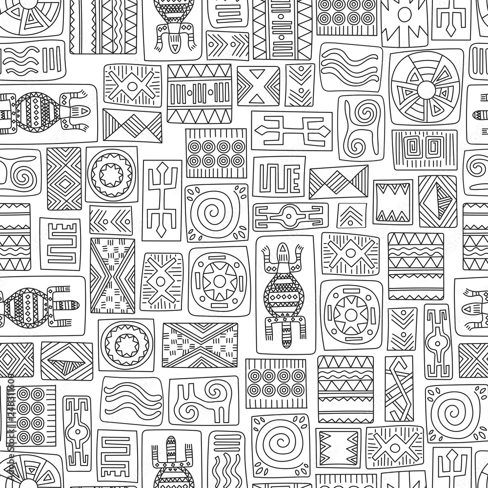 African ethnic seamless pattern. Hand drawn tribal symbols in African style on a white background. Vector illustration.