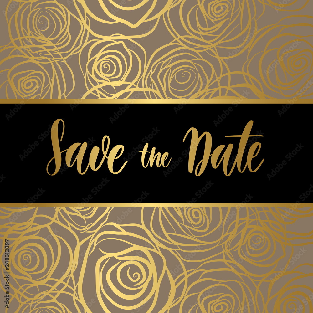 Luxury wedding invitation card,gold roses with frame and place for text. Vector illustration. Luxury wedding invitation card,gold roses with frame and place for text. Vector illustration.