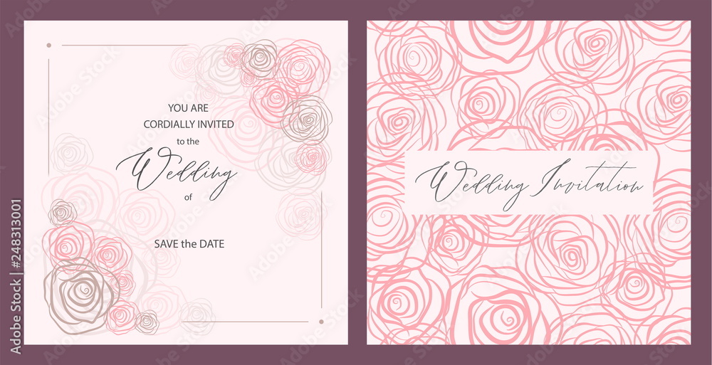 Luxury wedding invitation card with pink roses, frame and place for text. Vector modern calligraphy  illustration.