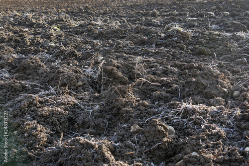 Agricultural land in the winter. Fallow. Processed soil awaits sowing in the spring.