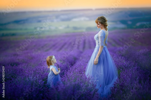 Cute baby in the flowering field of lavender.