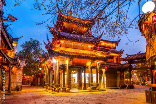 Nightscape of Chengdu Ancient Town, Sichuan Province, China.. photo