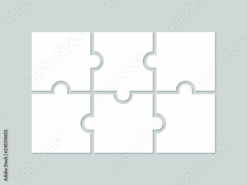 Six blank puzzle pieces. Puzzle for web, information or presentation design, infographics. White puzzle on gray background. Vector illustration photo