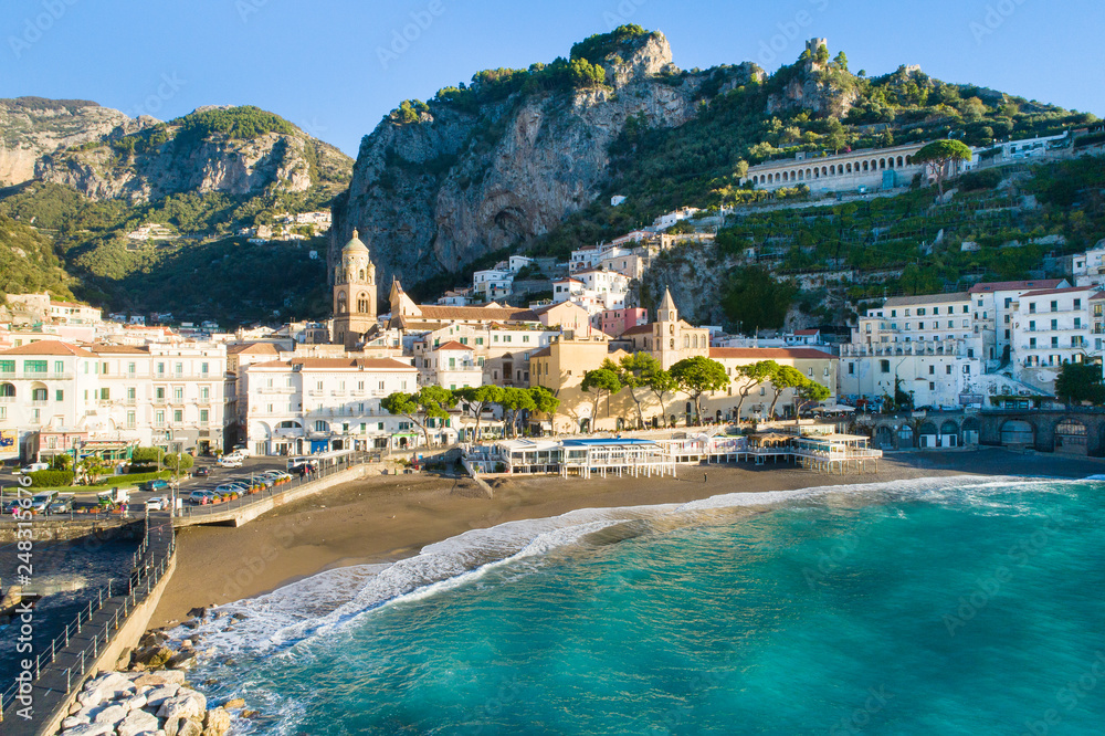 emerald sea and beach on Amalfi coast in Italy