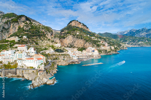 aerial view to emerald sea and mountains of Amalfi coast in Italy