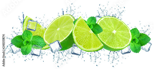 lime splash water and ice isolated on white