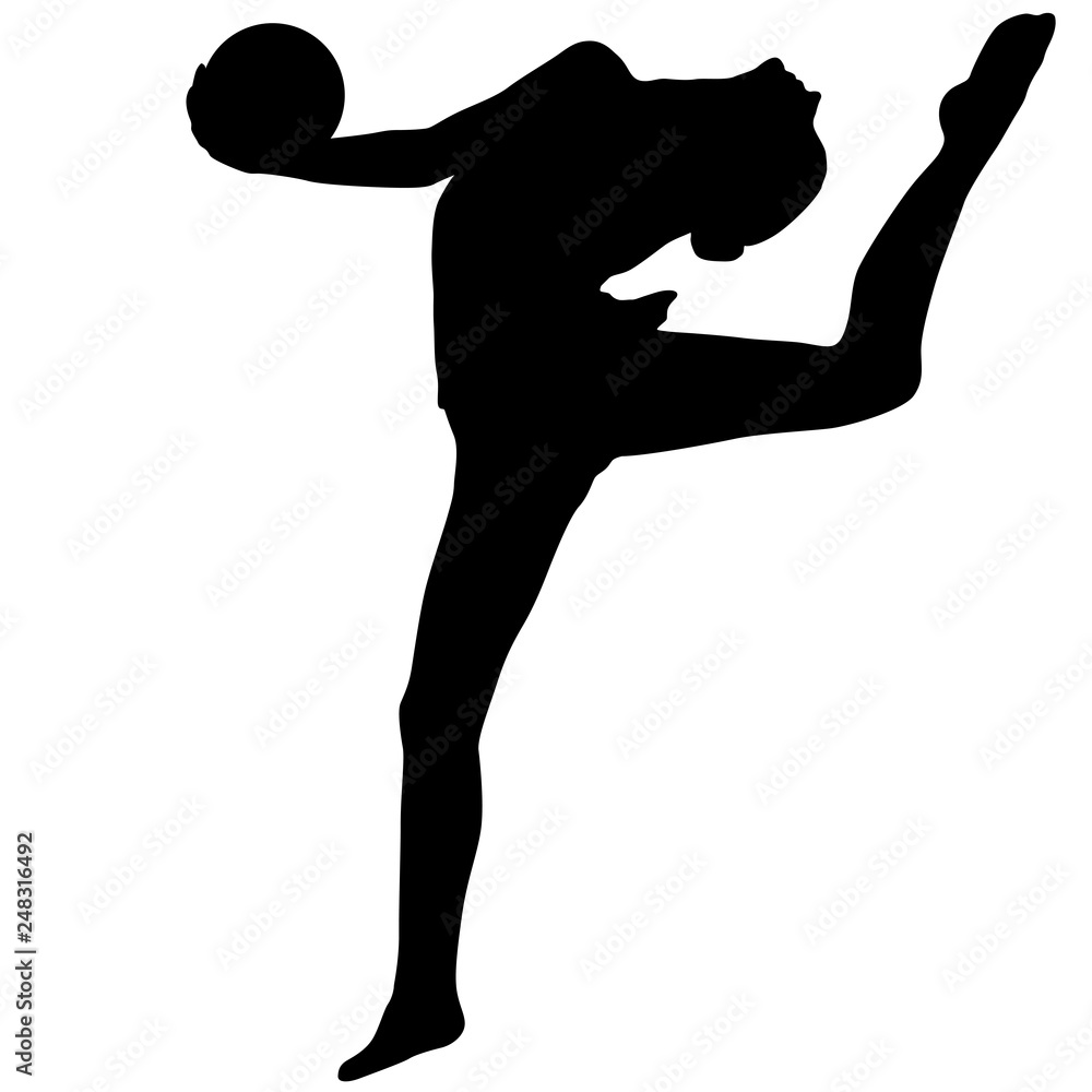 Silhouette girl gymnast with the ball on white background