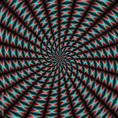 Spiral Rays in Red and Blue / An abstract fractal image with a dark spiral ray design in blue, red and black.