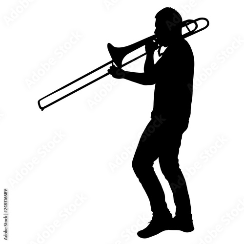 Silhouette of musician playing the trombone on a white background