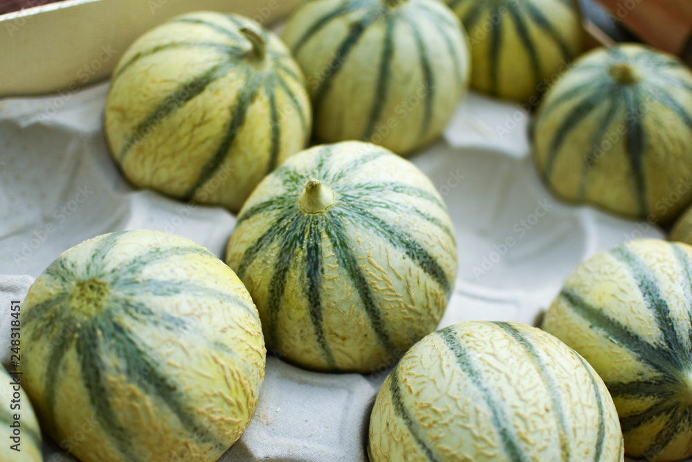 Delicious looking Charentais melons at a farmer’s market in Paris