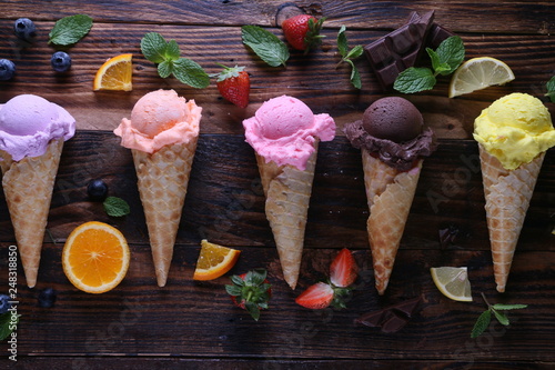 Ice cream cones on wood table