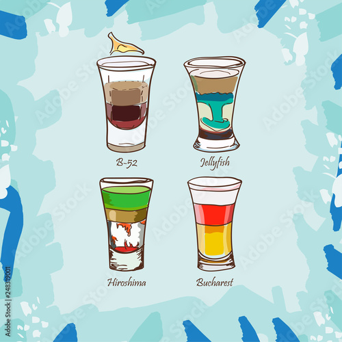 B-52, Hiroshima, Jellyfish, Bucharest cocktail illustration. Alcoholic classic bar drink hand drawn vector. Pop art