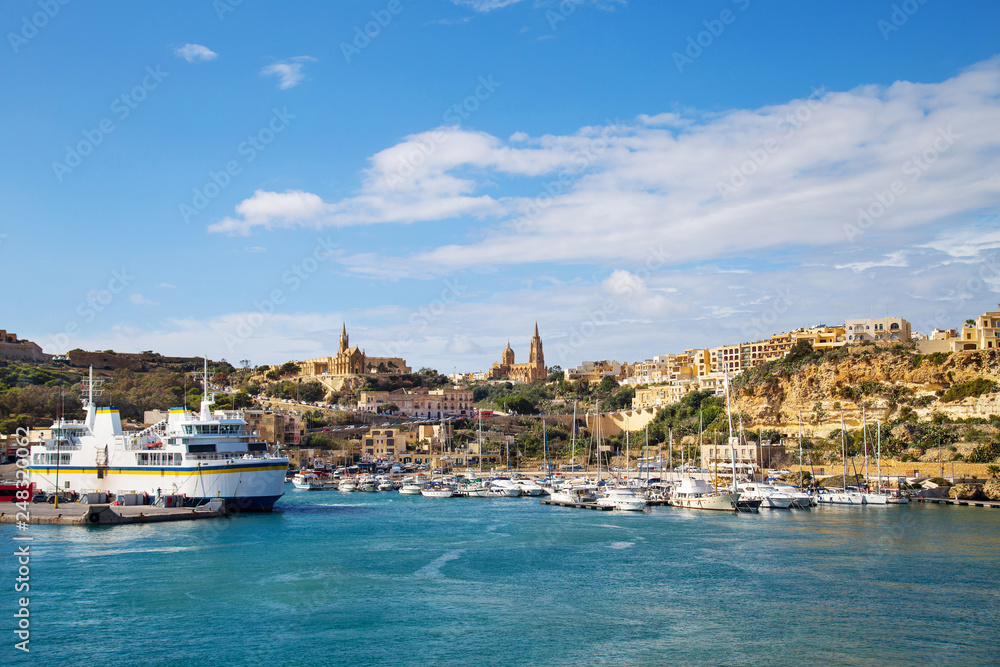 Harbour and dock of Gozo island, Malta, called Mgarr. Place where ferries from Malta to Gozo arrive and dock.