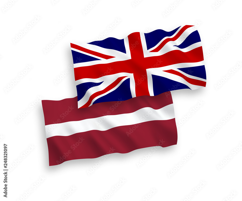 National vector fabric wave flags of Latvia and Great Britain isolated on white background. 1 to 2 proportion. National vector fabric wave flags of Latvia and Great Britain isolated on white background. 1 to 2 proportion.