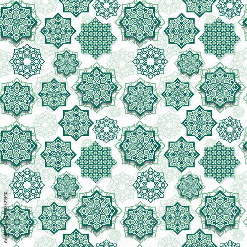 Festival graphic of islamic geometric art. Seamless pattern decoration in green. Eid Mubarak celebration. photo