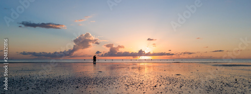 Couple embracing on beach watching sunrise as flock of pelicans fly by