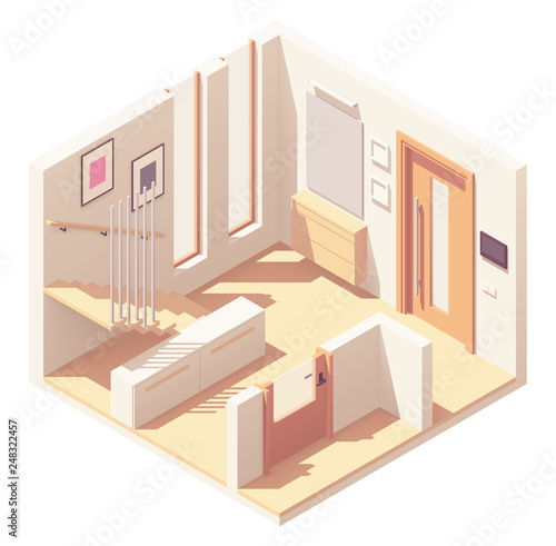 Vector isometric hallway with wooden staircase