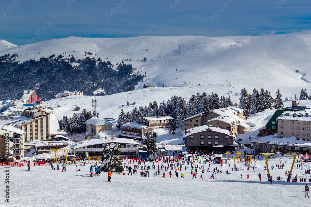 Winter ski resort,ski lift,people skiing. Uludag Mountain, Bursa, Turkey