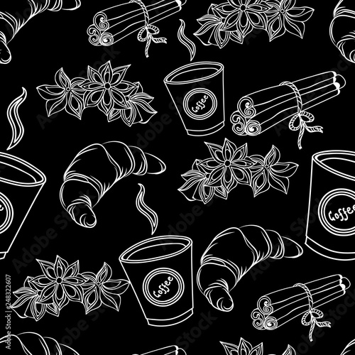 Hand drawn seamless pattern with hot cup of coffee with cinnamon and croissant. Hand drawn illustration. Sketch vector illustration