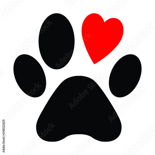 Animal love symbol paw print with heart, isolated vector photo