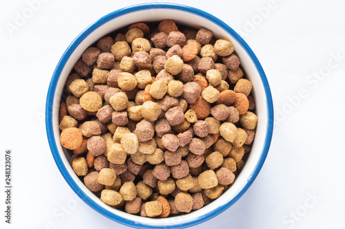 dry food for cats and dogs in a bowl on a white background