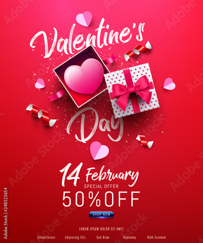 Valentine's Day Sale Poster or banner with sweet gift,sweet heart and lovely items on red background.Promotion and shopping template or background for Love and Valentine's day concept.Vector EPS10
