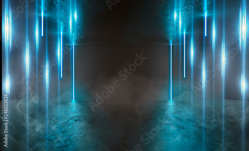 Background of empty room  tunnel. Concrete coating. Laser lines. Smoke  neon light