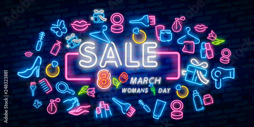 Glowing neon banner of SALE world women's day on dark brick wall background. Spring sale greeting card to march 8 with rose flower and lettering. Vector illustration.
