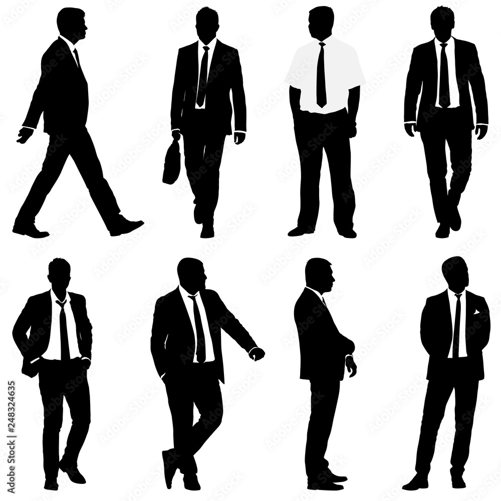 Set silhouette businessman man in suit with tie on a white background - obrazy, fototapety, plakaty 
