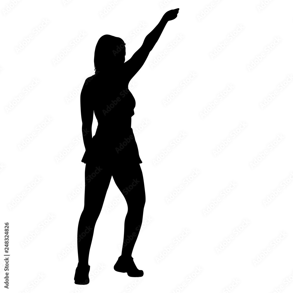 Black silhouettes women with arm raised on a white background