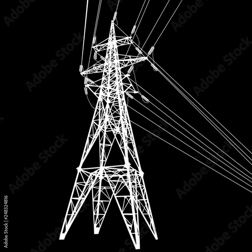 Silhouette of high voltage power lines on black background illustration