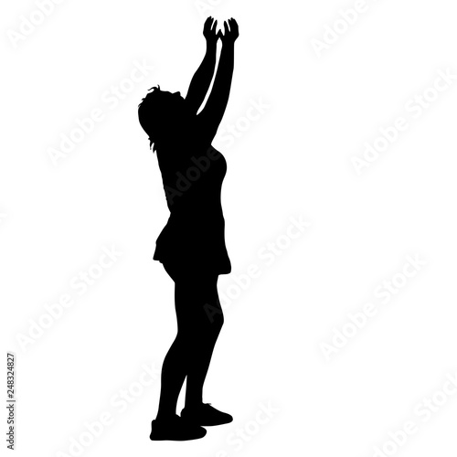Black silhouettes women with arm raised on a white background