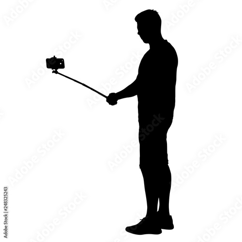 Silhouettes man taking selfie with smartphone on white background