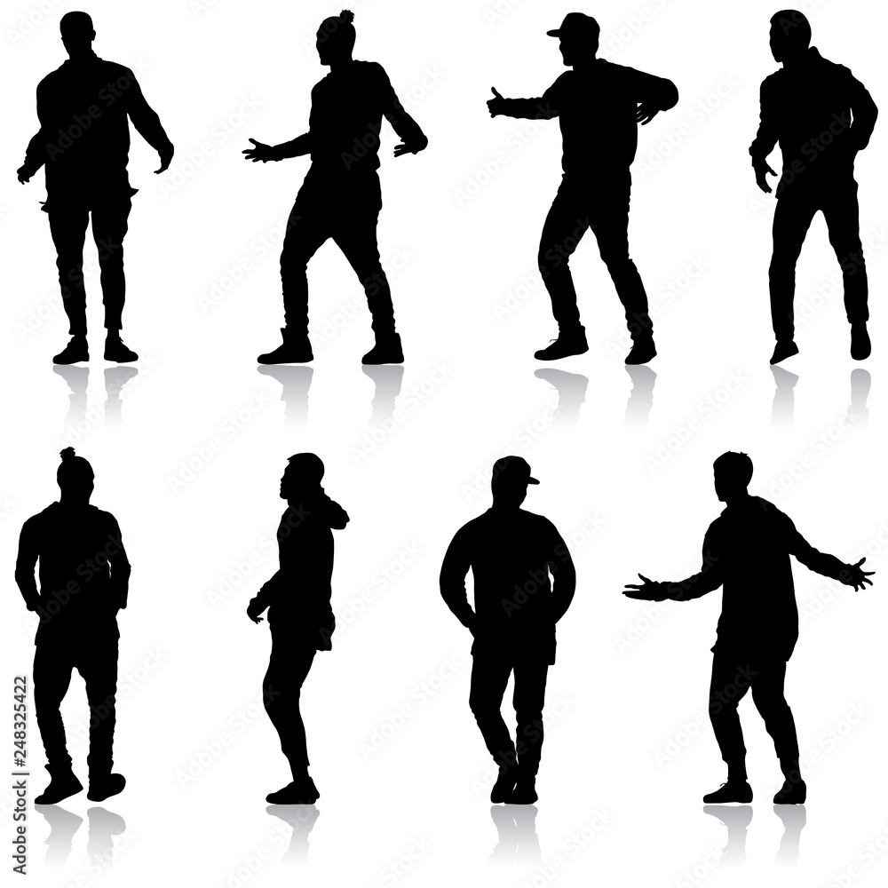 Set Black silhouette man standing, people on white background Set Black silhouette man standing, people on white background