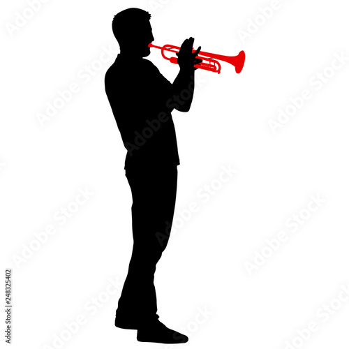 Silhouette of musician playing the trumpet on a white background