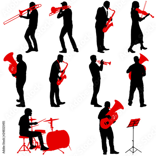 Set silhouette of musician playing the trombone, drummer, tuba, trumpet, saxophone, on a white background