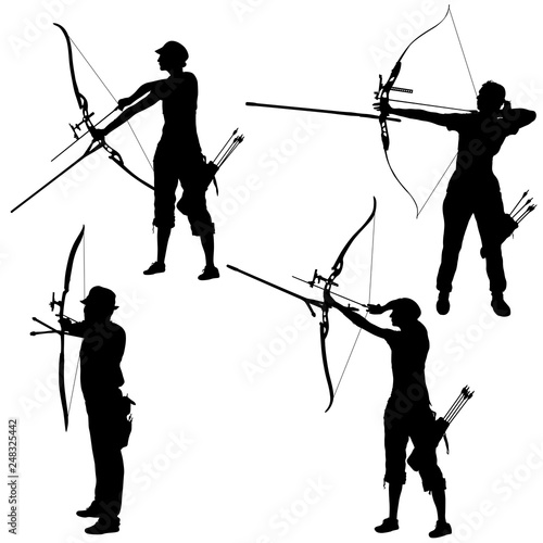 Set silhouette attractive female and male archer bending a bow and aiming in the target