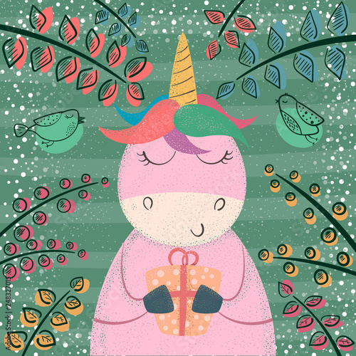Cute unicorn in the magic forest.